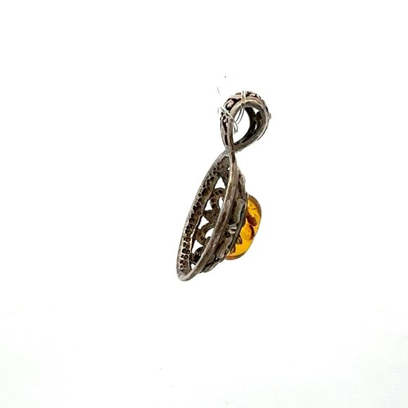 VTG Estate Sterling Silver & Amber Oval Floral Cut Out‎ Pendant! 126 - Picture 2 of 6